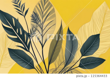 Vibrant arrangement of exotic plants on yellow background, tropical green palm leaves. 115364433