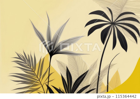 Exotic plants on yellow background, flat lay summer holiday vacation concept. 115364442