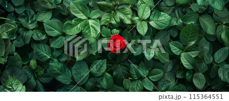 Single red rose amidst green foliage Single red rose amidst green foliage 115364551