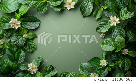 Green leaves and white flowers border with empty center Green leaves and white flowers border with empty center 115364569