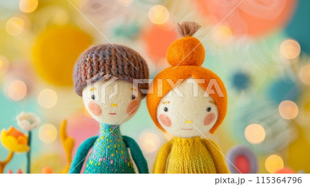 Colorful handmade knitted dolls with bright background 115364796
