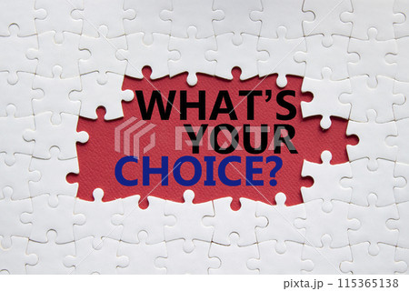 What is your choice symbol. Concept words What is your choice on white puzzle. Beautiful red background. Business and What is your choice concept. Copy space. 115365138