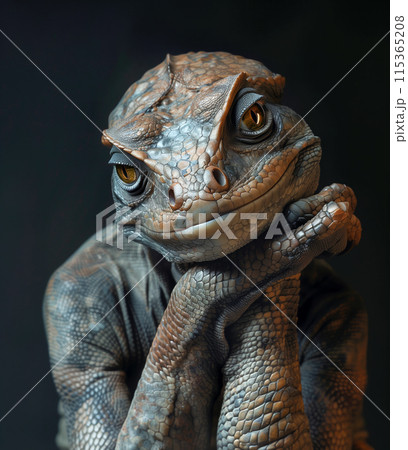 Anthropomorphic lizard with a thoughtful expression 115365208