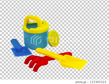 Children's toys for playing in the sand. Children's shovel, watering can and sandpit rake isolated without background. For text Children's toys for playing in the sand. Children's shovel, watering can and sandpit rake isolated without background. For text 115365323