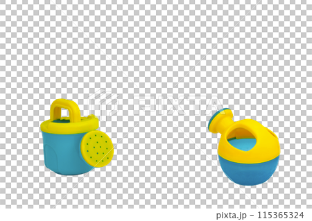 Children's toys for playing in sand. Two watering cans for sandbox without background. For text Children's toys for playing in sand. Two watering cans for sandbox without background. For text 115365324