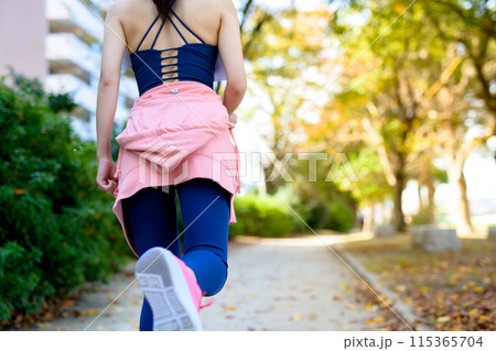 秋の公園の街路樹の道をジョギングする若い女性の後ろ姿 ダイエット ボディメイク 秋の公園の街路樹の道をジョギングする若い女性の後ろ姿 ダイエット ボディメイク 115365704
