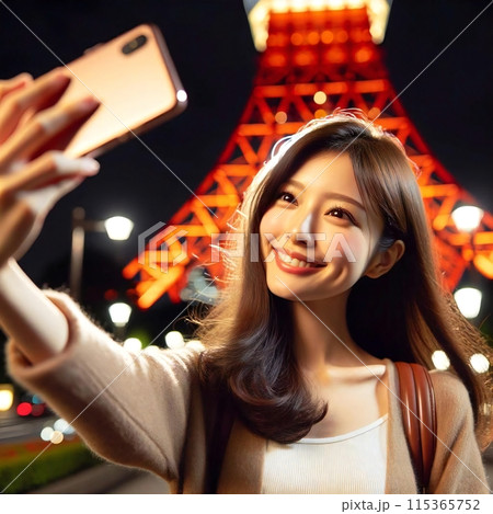 東京タワーの夜景を背景に自撮りをする所を生成で描きました 115365752