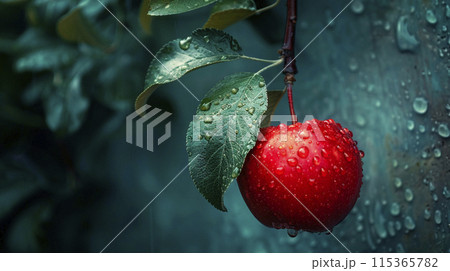 Red apples low hanging on the tree and ready for picking, generated AI Red apples low hanging on the tree and ready for picking, generated AI 115365782