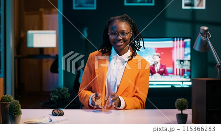 POV of student participating in online debate classes or academic competitions using videocall network. Young woman attending virtual university courses with professor, distance education. Camera A. 115366283