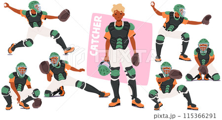 Baseball Catcher In Different Poses And Actions. Player In Full Protective Gear, Including Helmet, Chest Protector 115366291
