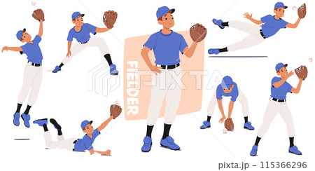 Collection Of Baseball Fielder In Multiple Poses And Actions. Male Player Character In Blue Uniform In Various Stances 115366296