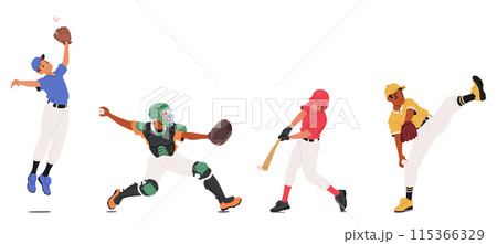 Four Baseball Players Catcher, Batter, Fielder And Pitcher In Different Action Poses. Cartoon Vector Concept of Sports 115366329