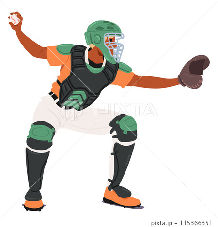 Baseball Player In Action, Dressed In Full Protective Gear, Preparing To Catch A Ball. Catcher Is Equipped With A Helmet 115366351