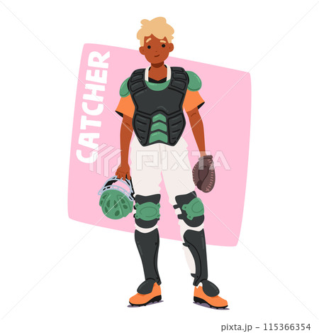 Baseball Catcher Character In Full Protective Gear Including A Chest Protector, Leg Guards, And A Catcher Mitt, Vector 115366354