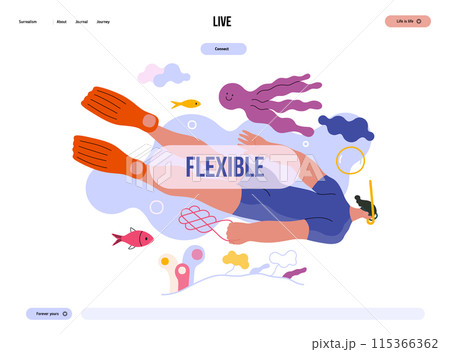 Life Unframed: Diver -modern flat vector concept illustration of a man swimming under the sea. Metaphor of unpredictability, imagination, whimsy, cycle of existence, play, growth and discovery 115366362