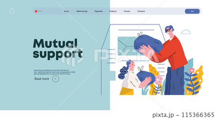 Mutual Support Giving clothes to donation bins -modern flat vector concept illustration of people placing bags of clothes into drop-off box A metaphor of voluntary, collaborative exchanges of resource 115366365