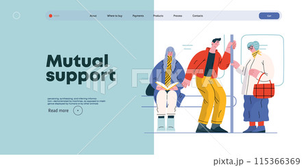 Mutual Support Giving up seat in public transport -modern flat vector concept illustration of man offering his seat to elderly woman on bus A metaphor of voluntary, collaborative exchanges of services 115366369