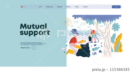 Mutual Support: Cleaning up trash, Garbage collection -modern flat vector concept illustration of people collecting trash on the beach A metaphor of voluntary, collaborative exchanges of resource 115366385