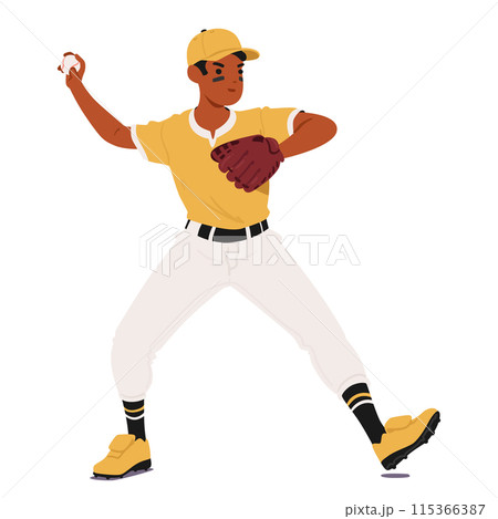 Baseball Pitcher Character In Yellow Uniform Preparing To Throw The Ball. Player Is Focused And Shows An Athletic Stance 115366387