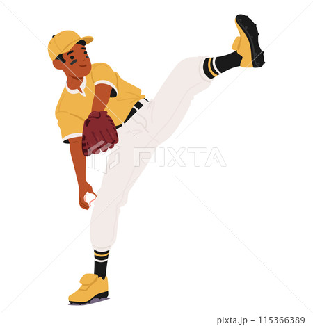 Baseball Player Male Character In Yellow And White Uniform Pitching Ball With A Focused Expression. Player Is In Action Baseball Player Male Character In Yellow And White Uniform Pitching Ball With A Focused Expression. Player Is In Action 115366389