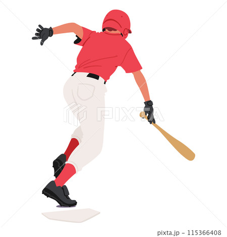 Baseball Player Character In A Red Jersey And White Pants Swinging A Bat After Hitting A Ball, Emphasizing Action 115366408