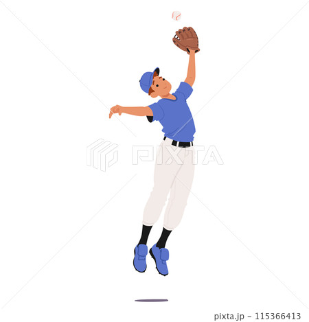 Young Fielder Baseball Player Character In Blue Uniform Jumping To Catch A Ball With A Glove Cartoon Vector Illustration 115366413