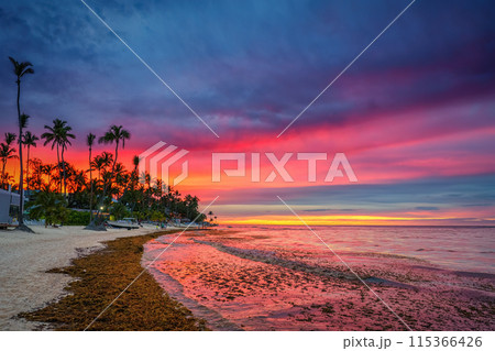 Red sunset over tropical beach Red sunset over tropical beach 115366426