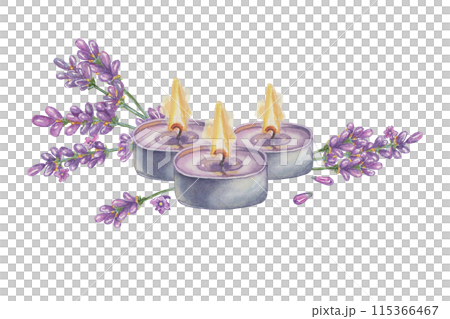 Burning purple tealight. Lavender flowers and perfumed candle for home fragrance. Home spa aromatherapy watercolor illustration. Clipart for beauty, cosmetics, labels design, wellness, packaging Burning purple tealight. Lavender flowers and perfumed candle for home fragrance. Home spa aromatherapy watercolor illustration. Clipart for beauty, cosmetics, labels design, wellness, packaging 115366467