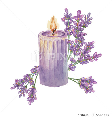 Lavender candle composition for home fragrance. Home spa aromatherapy relaxing watercolor illustration. Hand drawn clipart for beauty, cosmetics, labels, organic products, wellness and packaging Lavender candle composition for home fragrance. Home spa aromatherapy relaxing watercolor illustration. Hand drawn clipart for beauty, cosmetics, labels, organic products, wellness and packaging 115366475