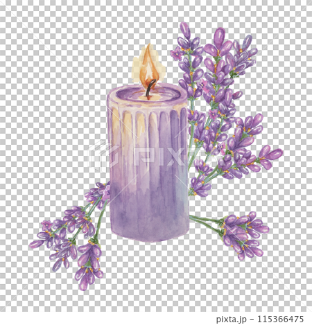 Lavender candle composition for home fragrance. Home spa aromatherapy relaxing watercolor illustration. Hand drawn clipart for beauty, cosmetics, labels, organic products, wellness and packaging Lavender candle composition for home fragrance. Home spa aromatherapy relaxing watercolor illustration. Hand drawn clipart for beauty, cosmetics, labels, organic products, wellness and packaging 115366475