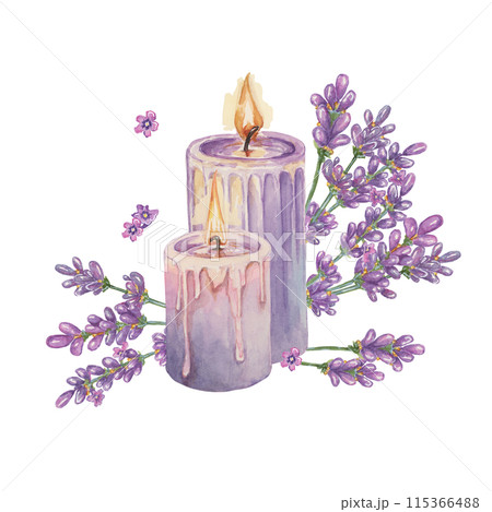 Lavender and lilac wax candles for home fragrance. Home spa aromatherapy relaxing watercolor illustration. Hand drawn clipart for beauty, cosmetics, labels, organic products, wellness and packaging 115366488