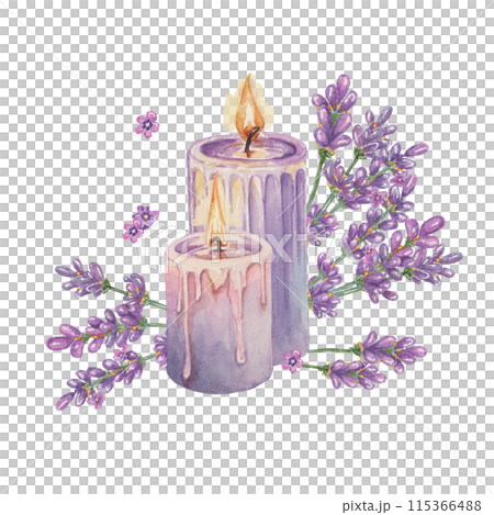 Lavender and lilac wax candles for home fragrance. Home spa aromatherapy relaxing watercolor illustration. Hand drawn clipart for beauty, cosmetics, labels, organic products, wellness and packaging 115366488
