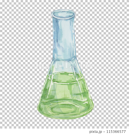 Erlenmeyer conical flask with green transparent liquid. Flat bottom glassware isolated watercolor clipart, Cylinder glassware clipart for educational illustration in school lab, pharmaceutical science Erlenmeyer conical flask with green transparent liquid. Flat bottom glassware isolated watercolor clipart, Cylinder glassware clipart for educational illustration in school lab, pharmaceutical science 115366577