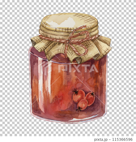 Rose hip jam in glass jar with canvas burlap fabric lid and twine rope bow. Rosehip berry breakfast jelly watercolor illustration for printing, food packaging, labels, cards, stickers, scrapbooking Rose hip jam in glass jar with canvas burlap fabric lid and twine rope bow. Rosehip berry breakfast jelly watercolor illustration for printing, food packaging, labels, cards, stickers, scrapbooking 115366596