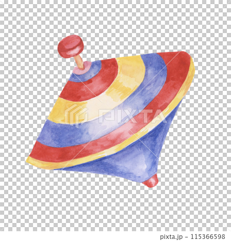 Peg top vintage colorful toy. Educational humming top eco play object clipart. Retro whirligig watercolor illustration for kids party, sticker, scrapbooking, invitations, baby shower, nursery decor Peg top vintage colorful toy. Educational humming top eco play object clipart. Retro whirligig watercolor illustration for kids party, sticker, scrapbooking, invitations, baby shower, nursery decor 115366598