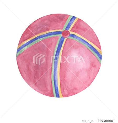 Beach ball in pink, blue and yellow. Children toy retro watercolor clipart, kids object, party celebration decor. Hand drawn illustration for card, flyer, scrapbooking, invitation, list, baby shower 115366601