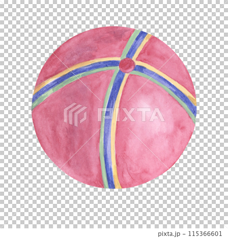 Beach ball in pink, blue and yellow. Children toy retro watercolor clipart, kids object, party celebration decor. Hand drawn illustration for card, flyer, scrapbooking, invitation, list, baby shower 115366601