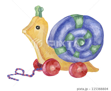 Wooden snail car. Blue retro baby toy. Vintage eco toy watercolor illustration for kids party celebration. Children toy clipart for card, flyer, invitation, sticker, baby shower, nursery decor 115366604