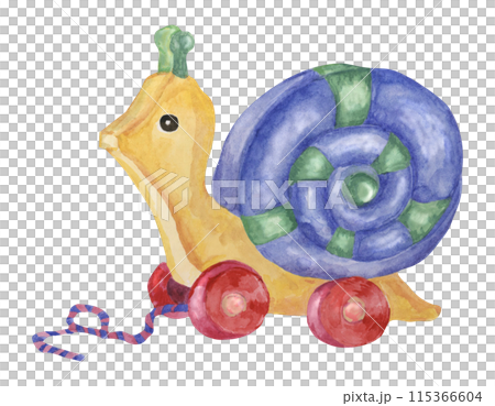 Wooden snail car. Blue retro baby toy. Vintage eco toy watercolor illustration for kids party celebration. Children toy clipart for card, flyer, invitation, sticker, baby shower, nursery decor 115366604