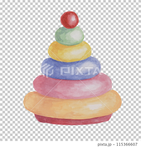 Wooden toy pyramid. Educational stacking rings eco play object clipart. Retro stack up ring tower watercolor illustration for kids party, sticker, scrapbooking, invitations, baby shower, nursery decor Wooden toy pyramid. Educational stacking rings eco play object clipart. Retro stack up ring tower watercolor illustration for kids party, sticker, scrapbooking, invitations, baby shower, nursery decor 115366607