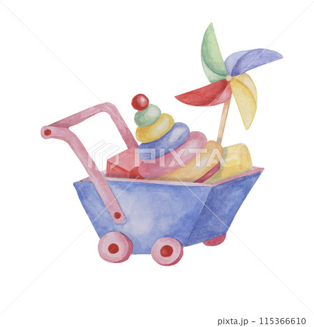 Toy wheelbarrow, stacking rings tower and pinwheel. Retro wind fan, wooden cart and pyramid puzzle. Kids play clipart watercolor illustration for sticker, postcard, invitation, baby shower, nursery Toy wheelbarrow, stacking rings tower and pinwheel. Retro wind fan, wooden cart and pyramid puzzle. Kids play clipart watercolor illustration for sticker, postcard, invitation, baby shower, nursery 115366610