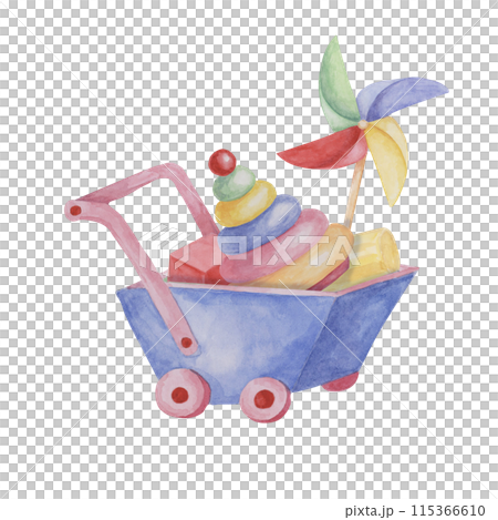 Toy wheelbarrow, stacking rings tower and pinwheel. Retro wind fan, wooden cart and pyramid puzzle. Kids play clipart watercolor illustration for sticker, postcard, invitation, baby shower, nursery Toy wheelbarrow, stacking rings tower and pinwheel. Retro wind fan, wooden cart and pyramid puzzle. Kids play clipart watercolor illustration for sticker, postcard, invitation, baby shower, nursery 115366610