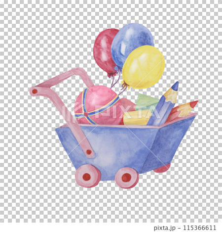 Toy wheelbarrow, crayons, beach ball and balloons. Retro play objects in wooden cart with building blocks clipart. Kids watercolor illustration for sticker, postcard, invitation, baby shower, nursery Toy wheelbarrow, crayons, beach ball and balloons. Retro play objects in wooden cart with building blocks clipart. Kids watercolor illustration for sticker, postcard, invitation, baby shower, nursery 115366611