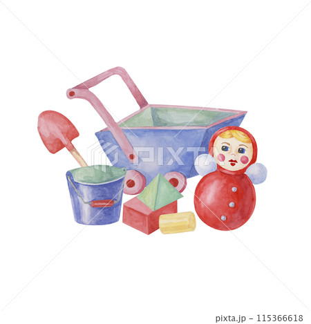 Toy bucket, shovel, wheelbarrow, blocks and roly-poly. Beach play clipart, retro wooden cart, doll, gardening tools watercolor illustration for kids party, postcard, invitation, baby shower, nursery 115366618