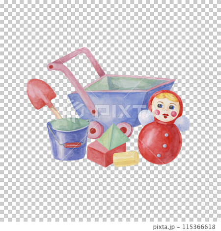 Toy bucket, shovel, wheelbarrow, blocks and roly-poly. Beach play clipart, retro wooden cart, doll, gardening tools watercolor illustration for kids party, postcard, invitation, baby shower, nursery 115366618