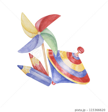 Humming top, pinwheel and crayons. Retro colored pencils, wind fan toy whirligig clipart. Playthings watercolor illustration for kids party, sticker, postcard, invitation, baby shower, nursery decor Humming top, pinwheel and crayons. Retro colored pencils, wind fan toy whirligig clipart. Playthings watercolor illustration for kids party, sticker, postcard, invitation, baby shower, nursery decor 115366620