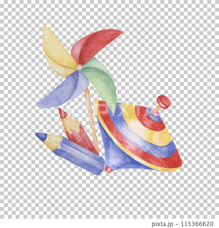 Humming top, pinwheel and crayons. Retro colored pencils, wind fan toy whirligig clipart. Playthings watercolor illustration for kids party, sticker, postcard, invitation, baby shower, nursery decor 115366620
