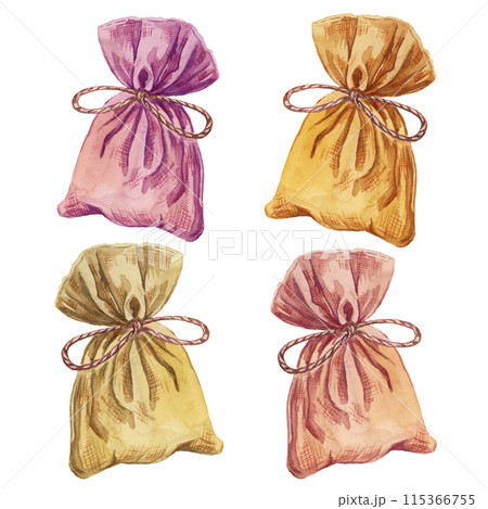 Fabric colorful sachet, home fragrance canvas sack. Watercolor illustration of aromatherapy burlap bag with herbs and purple ribbon. Cottagecore clipart for beauty, spa, cosmetics, labels, products Fabric colorful sachet, home fragrance canvas sack. Watercolor illustration of aromatherapy burlap bag with herbs and purple ribbon. Cottagecore clipart for beauty, spa, cosmetics, labels, products 115366755