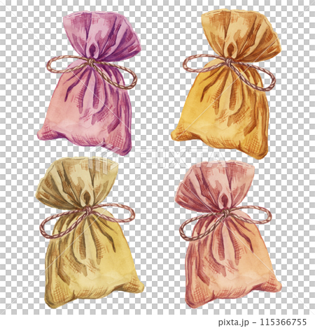 Fabric colorful sachet, home fragrance canvas sack. Watercolor illustration of aromatherapy burlap bag with herbs and purple ribbon. Cottagecore clipart for beauty, spa, cosmetics, labels, products Fabric colorful sachet, home fragrance canvas sack. Watercolor illustration of aromatherapy burlap bag with herbs and purple ribbon. Cottagecore clipart for beauty, spa, cosmetics, labels, products 115366755
