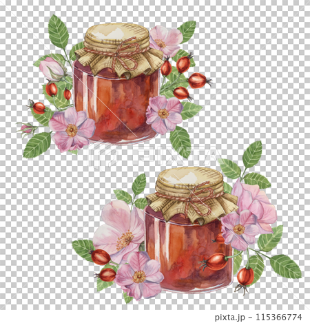 Set of home made rose hip jam in glass jar with fabric lid rope bow. Pancake, donut filling traditional Austrian German Swiss fruit preserve watercolor illustration for printing, labels, packaging Set of home made rose hip jam in glass jar with fabric lid rope bow. Pancake, donut filling traditional Austrian German Swiss fruit preserve watercolor illustration for printing, labels, packaging 115366774
